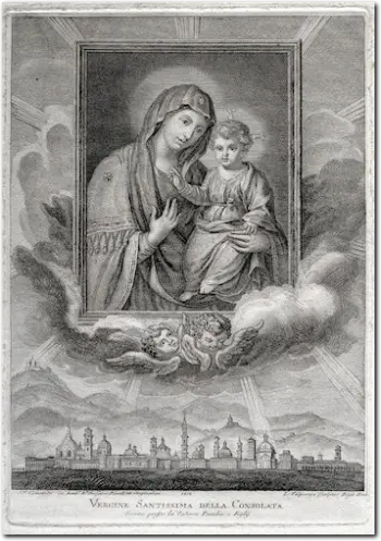 VALPERGA - COMENDICH. Vergine Santissima della Consolata con veduta di Torino. 1814
